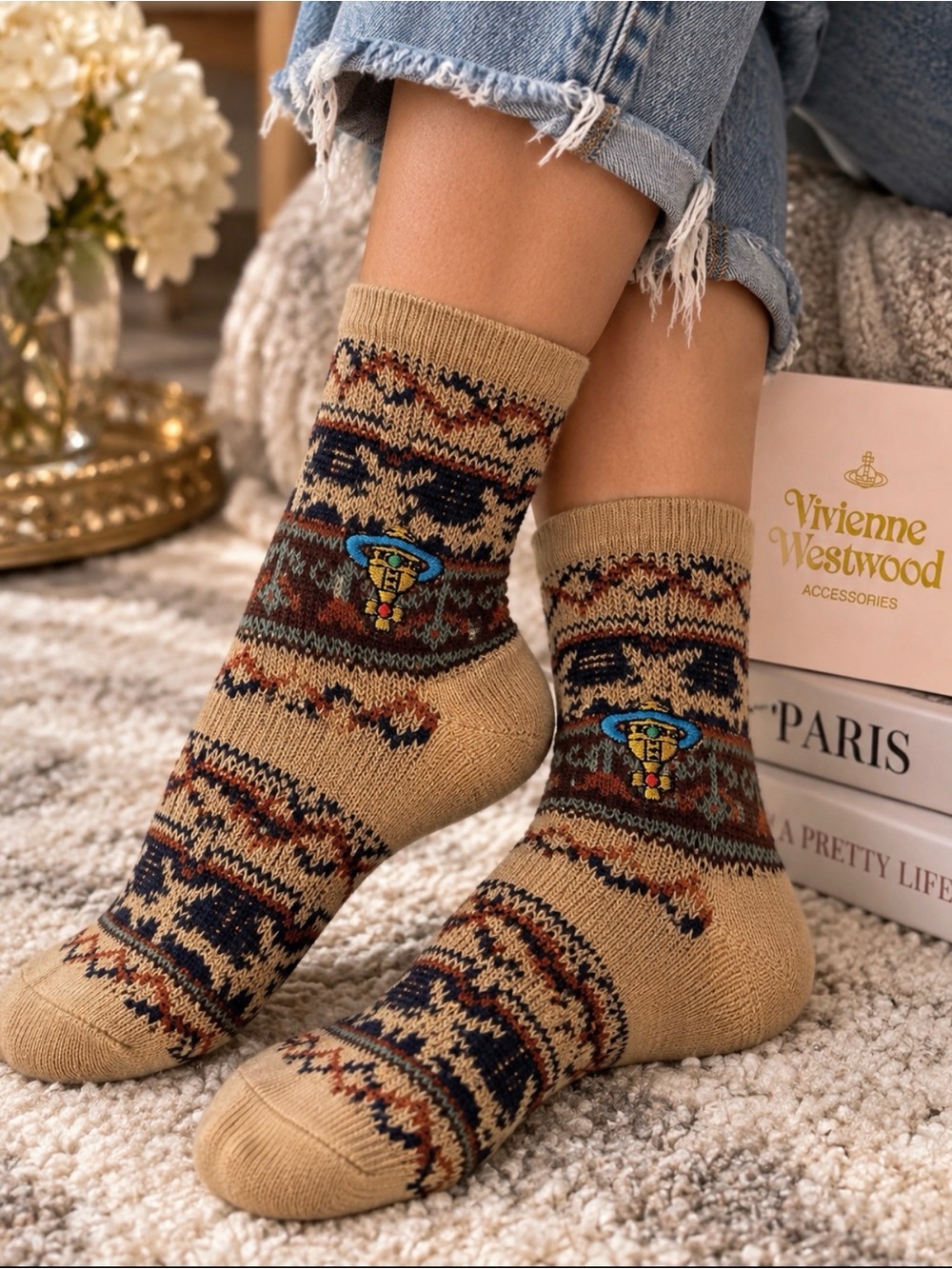 Vivienne Westwood Japan Fair Isle Orb Embroidered Socks Tan Navy NWT